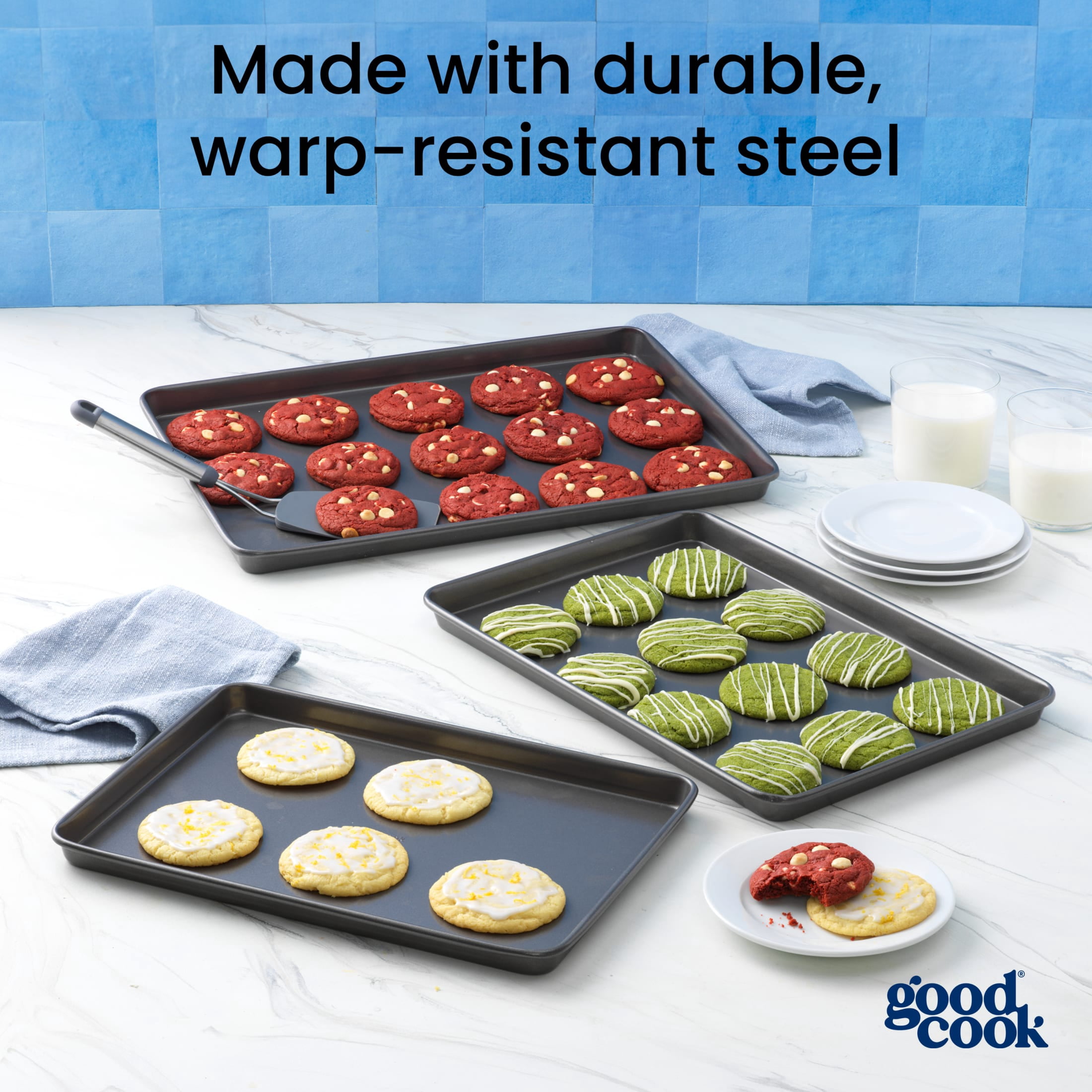 GoodCook Nonstick Everyday Steel 3-Piece Baking Sheet Set, Gray
