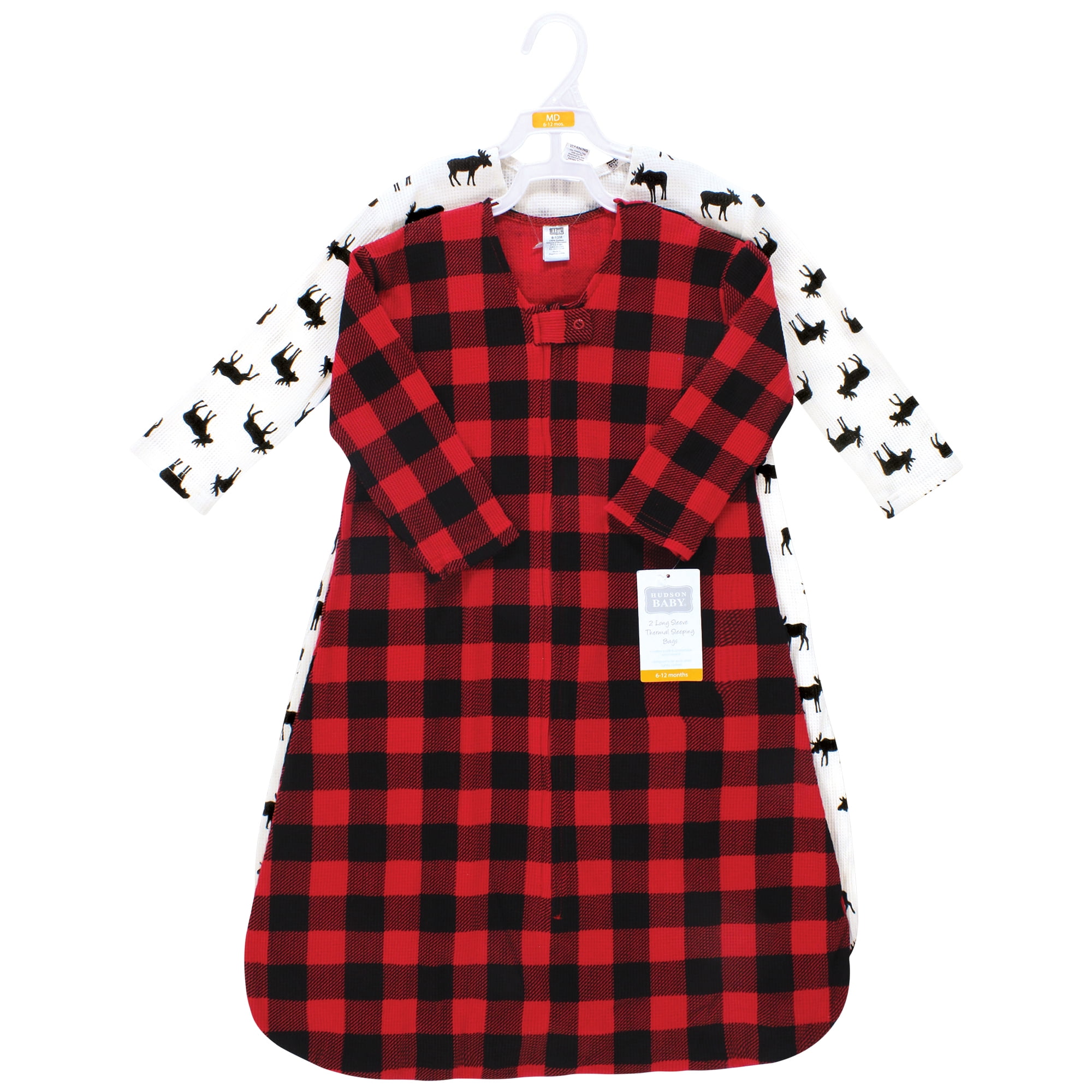 Hudson Baby Infant Boy Thermal Long Sleeve Sleeping Bag 2pk, Buffalo Plaid Moose, 12-18 Months