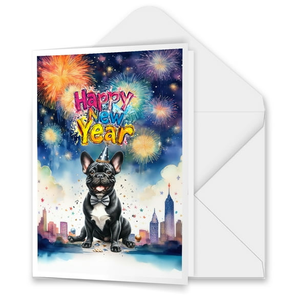 Happy New Year with French Bulldog Fireworks Holiday Xmas Winter 2025 5x7in Folded Greeting Card Dog Lover Gifts Single Note Card with Envelope - 00025