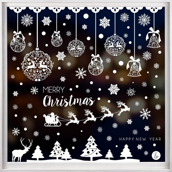 9 Sheets Christmas Window Clings Reusable Xmas Winter Holiday Santa Claus, Reindeer, Christmas Bell, Xmas Tree and Snowflakes Stickers Decals for Home School Office Car