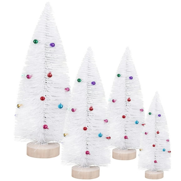 4 Pcs Mini Christmas Trees, White Frosted Tabletop Trees with Bells and Wooden Base, 6 to 12 Inch Artificial Pine Trees with Colorful Ornaments for Christmas Holiday Home Party Decoration