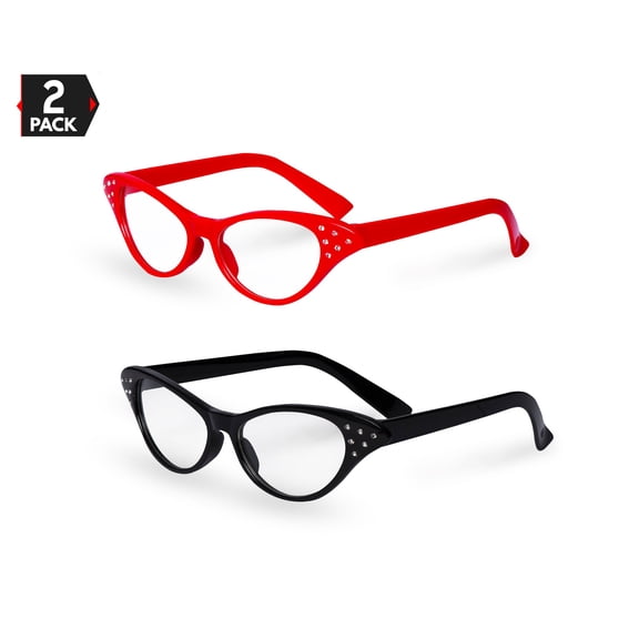 Big Mo's Toys Red / Black Cat Eye Retro Costume Dress Up Hip Hop Rhinestone Glasses (2 Pack)