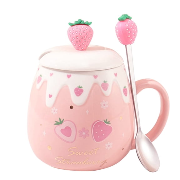 Cute Strawberry Mugs Pink Coffee Mug Ceramic kawaii Cup Morning Tea Milk Fruit Mug with Lovely Lid Stainless Steel Spoon Creative Novelty Birthday Christmas for Lovers Girl 500ML (S)
