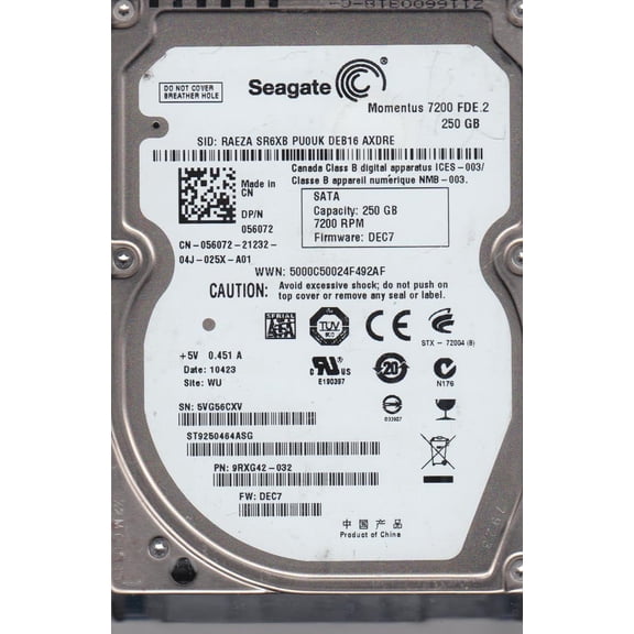 ST9250464ASG, 5VG, WU, PN 9RXG42-032, FW DEC7, Seagate 250GB SATA 2.5 Hard Drive
