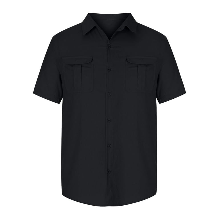 Mens Short Sleeve Classic Shirts Fishing Casual Regular-Fit Button-Up  Collared Plaid Double Pocket Dress Shirt Top Tees Blouses 