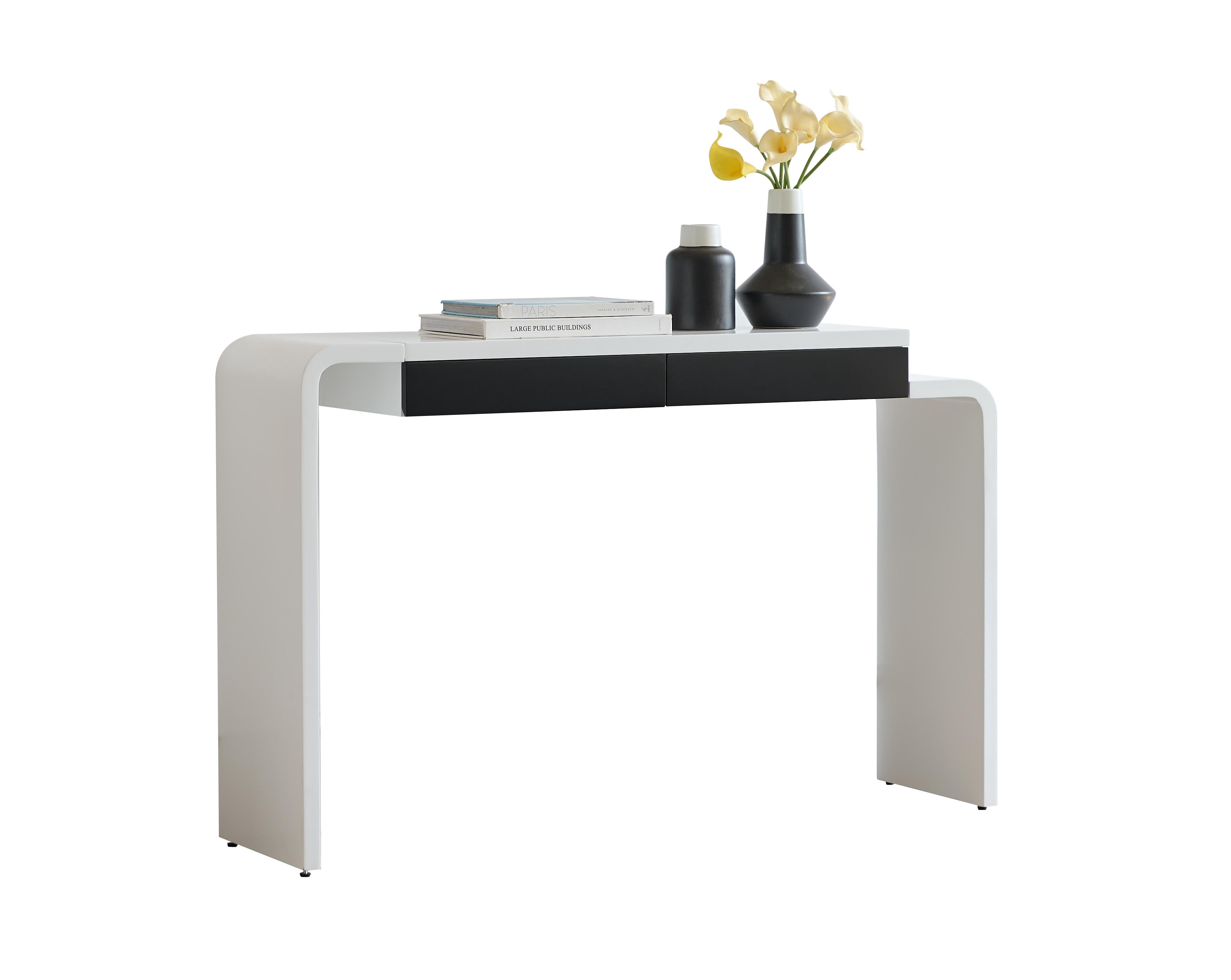 Kings Brand Furniture Yuma Wooden Console Table - Contemporary Thin Sofa Table, Side Table, Entryway Table, Display Table with 2 Drawers Perfect for Hallway, Living Room, Foyer (White with Black)