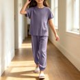 thumbnail image 5 of Bovxnpu Girls Sleepwear 2 Piece Loungewear Set Ribbed Short Sleeve Top and Elastic Cuffed Pants Loungewear Outfits Set, 5 of 7