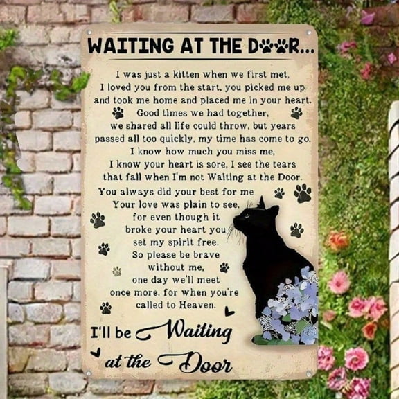 HELLOYOUNG Vintage Cat Memorial Wall Art Metal Sign Waiting At The Door Pet Loss Gift 2D Flat Home Decor 8x12 Inch