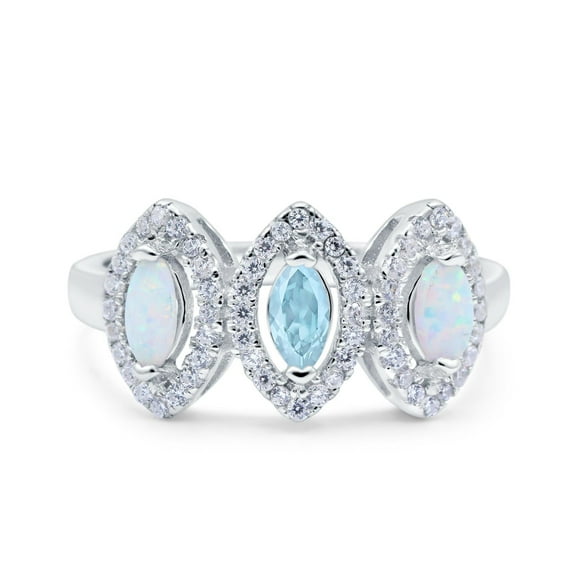 Halo Marquise Three Stone Set Ring Aquamarine CZ 925 Sterling Silver Size 8