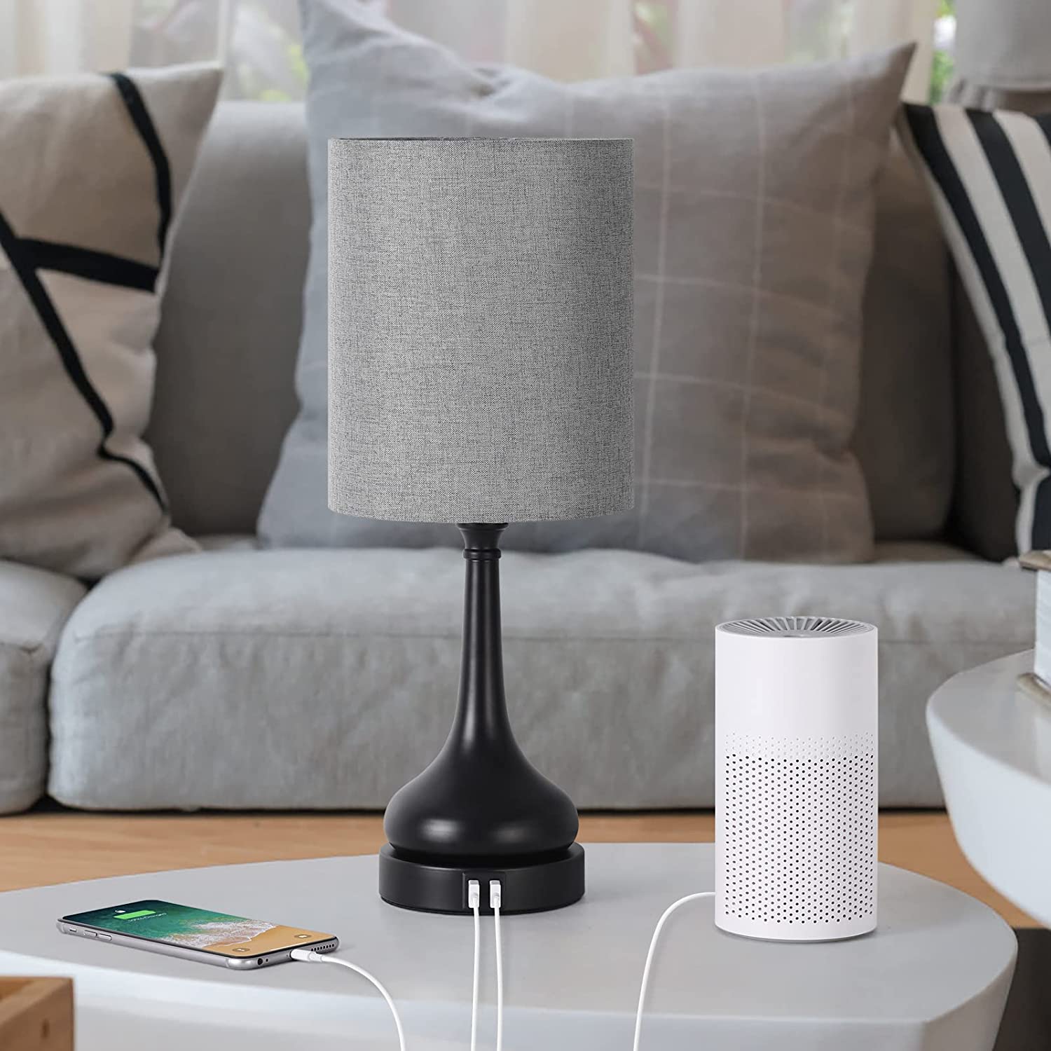 Touch Bedside Lamps with Dual USB Ports, Grey Fabric and Black Vase Base Lamps - Without Bulb