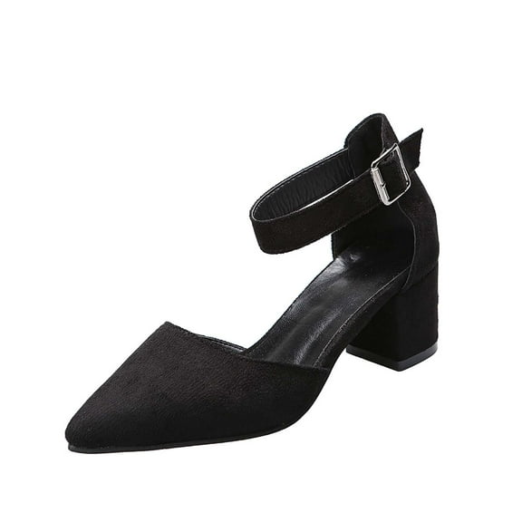 Anuirheih Women's Summer Casual Pointed-toe Sandals Middle Heel Chunky Heel Metal Buckle Sandals Sandals Women Clearance(Black)