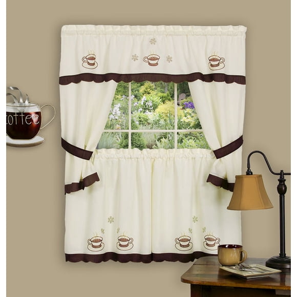 Cuppa Joe Embellished Cottage Set - 58x24 Tailored Tier Pair/58x36 Tailored Topper with attached swaggers and tiebacks. - Brown