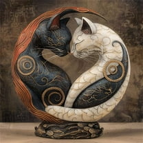 Eespoir Black and White Cat Yin Yang Art Desk Decor, 6" Hand-Carved Black White Cat Statue, Cute Figurine Sculpture for Home Office Bookshelf Decor