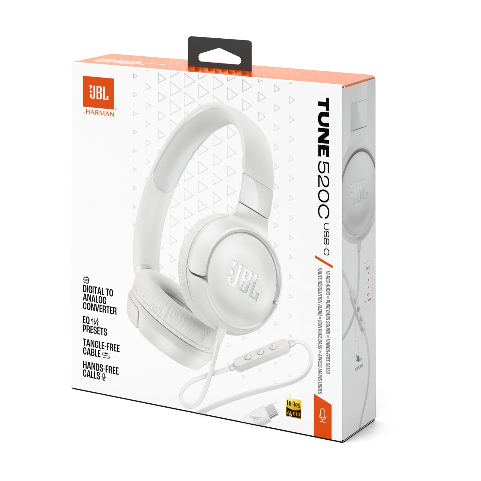 JBL Tune 520C - USB-C Wired on-ear headphones with Hi-Res Audio support, JBL Pure Bass Sound, comfort fit, USB-C connectivity, 3-button remote with microphone and EQ presets control (White)