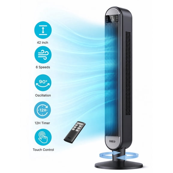 DREO 42" Tower Fans for home, Standing Bladeless Fan with Remote, 90° Oscillating Fan with LED Display, 12H Timer, 6 Speeds, 4 Modes, 26 ft/S High Velocity, 28dB Ultra Quiet Bedroom Fans