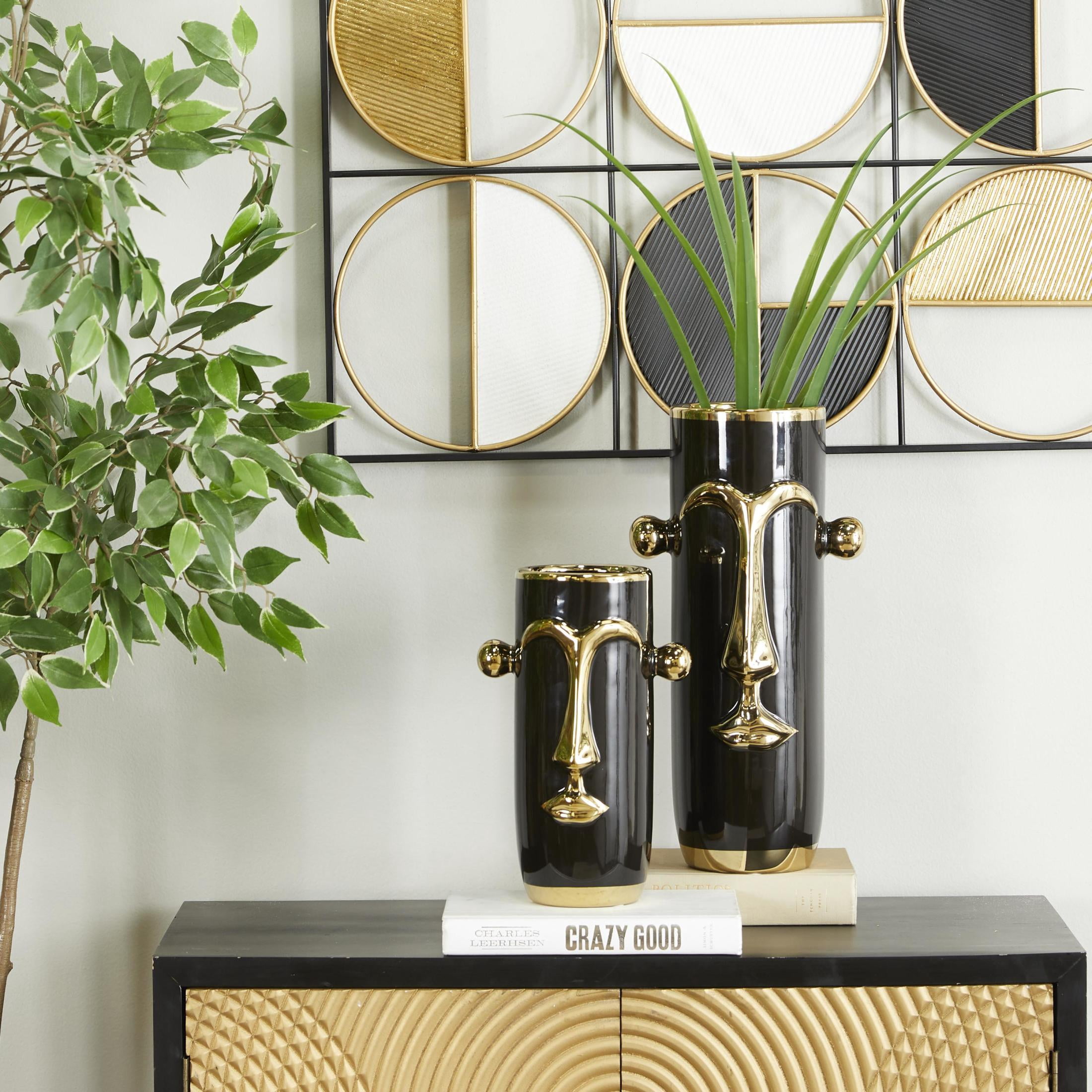 DecMode 16", 11"H Face Abstract Black Ceramic Vase with Gold Details, Set of 2