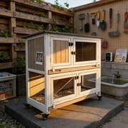 PETSCOSSET 36L Rabbit Hutch Indoor Wooden 2 Story Bunny Hutch Rabbit Cage Outdoor Bunny Cage on 4 Metal Wheels and 2 Deeper Pull Out Trays,Ramp,Guinea Pig Pet House for Small to Medium Animals,Grey