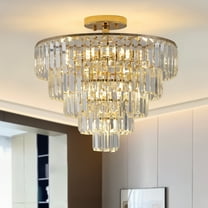 Large Contemporary Luxury Ceiling Lighting Gold Crystal Chandeliers,5-Tier 19.7in Round Semi Flush Mount Chandelier Light Fixture,for Living Room Dining Room Bedroom Hallway