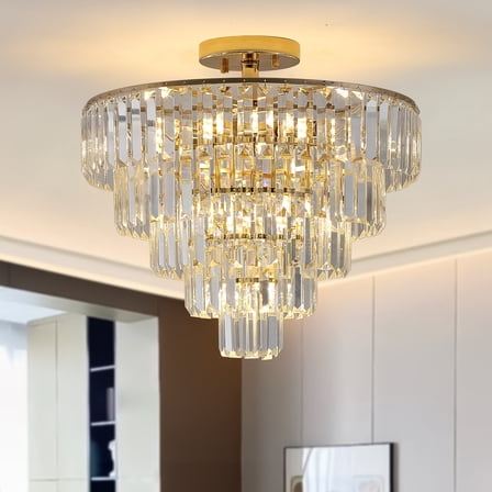 Large Contemporary Luxury Ceiling Lighting Gold Crystal Chandeliers,5-Tier 19.7in Round Semi Flush Mount Chandelier Light Fixture,for Living Room Dining Room Bedroom Hallway
