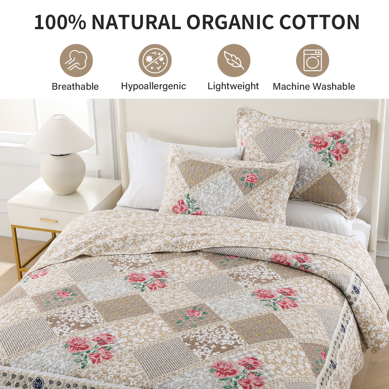 DDUOXIN 128x120 Bedspreads for King Size Bed - 100% Cotton Brown Beige Red Floral Patchwork Plaid Reversible California King Size Bedspread, Lightweight Cal Oversized King Quilts Bedding Set, 3 Piece