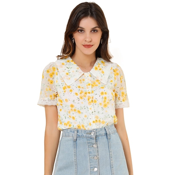 INSPIRE CHIC Blusa de manga corta floral bordada con encaje y cuello Peter Pan para mujer blanco XS