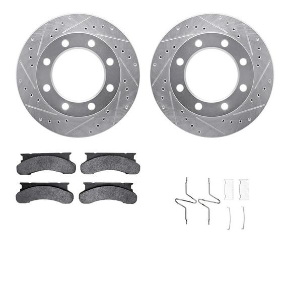 Dynamic Friction Company Front Brake Rotors-Drilled and Slotted-Silver with Heavy Duty Brake Pads includes Hardware 7212-99086