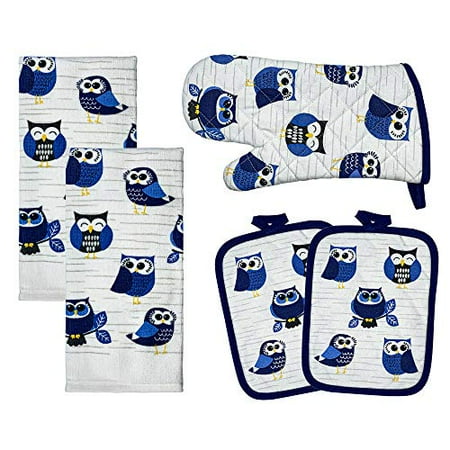 

Franco Kitchen Designers Soft and Absorbent Cotton Towels with Pot Holders and Oven Mitt Linen Set 5 Piece Woodland Owls