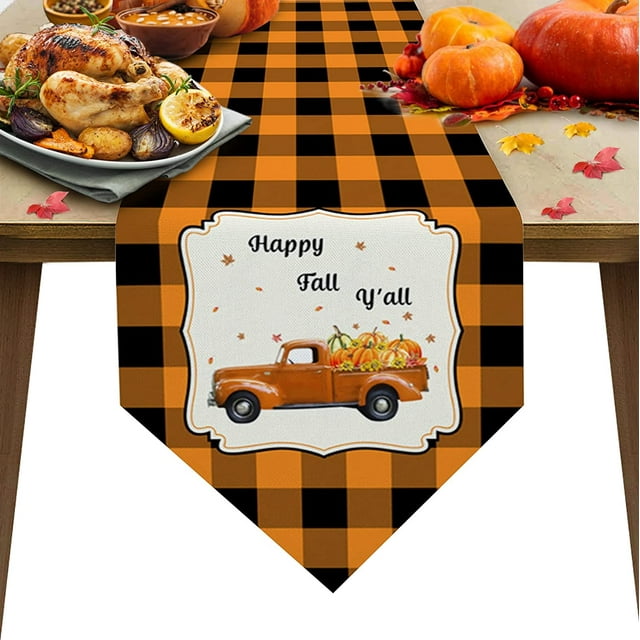 Cotton Linen Table Runners Truck with Fall Pumpkin Orange Buffalo Checker Kitchen Dining Burlap Table Decoration for Home Party Decor 13 x 120 Inch