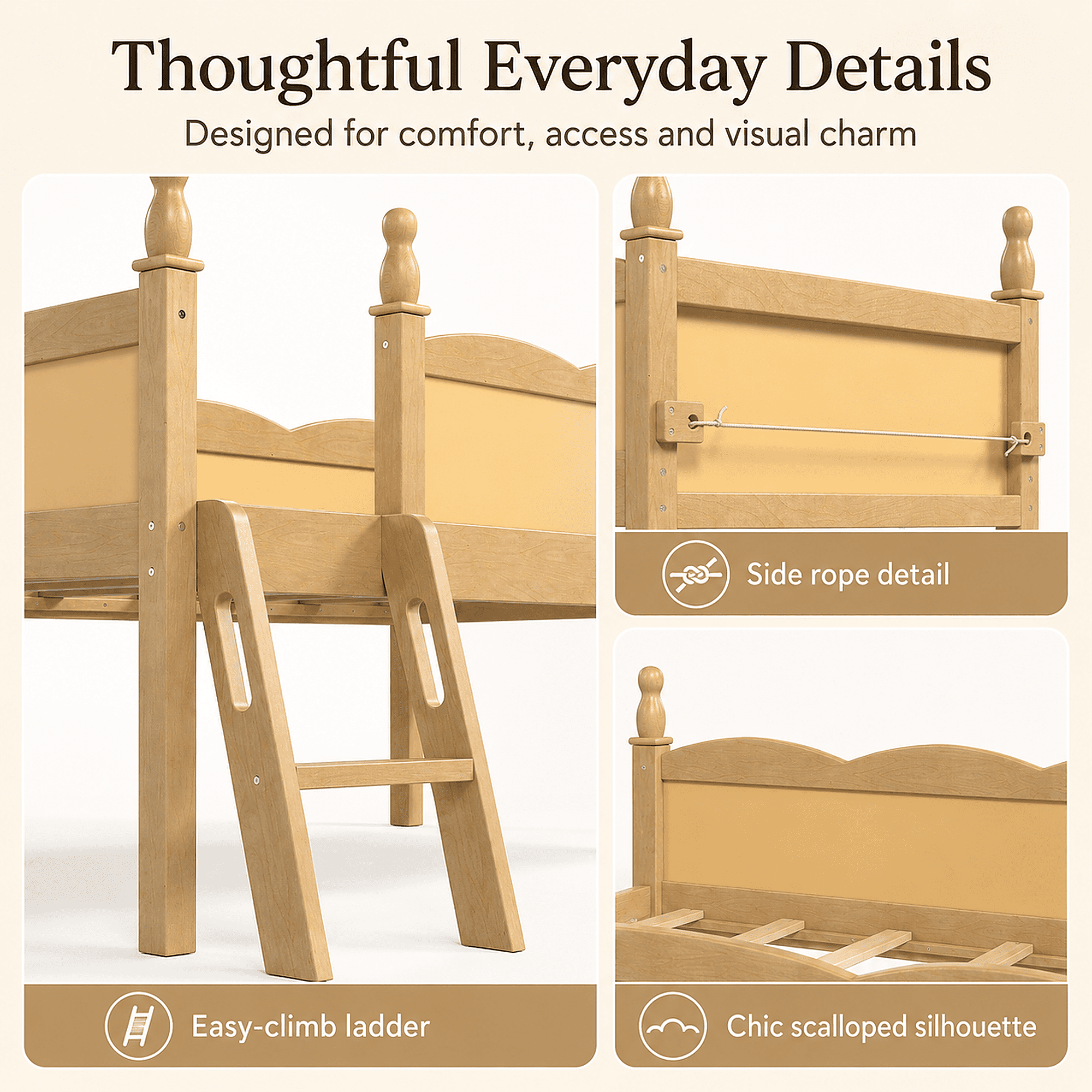 Miniyam Twin Low Loft Bed with Bookshelf and Guardrails, Wood Kids Bed for Bedroom, Natural