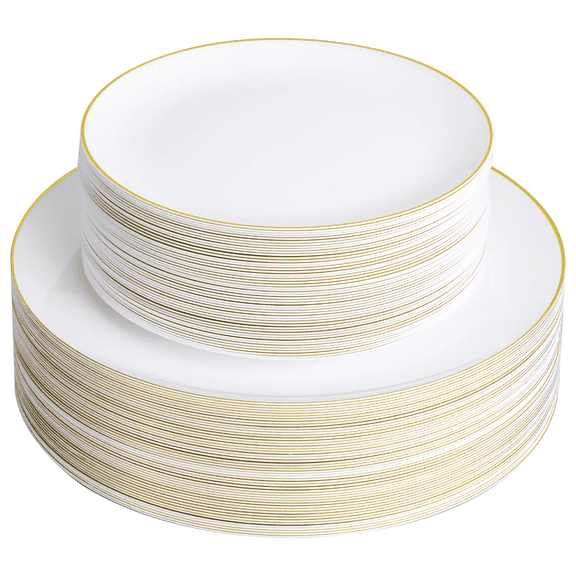 Goodluck 100Pcs Disposable White with Gold Rim Plastic Plates, Set with 50 10.25" Dinner Plates and 50 7.5" Salad Plates for Wedding, Party, Holiday