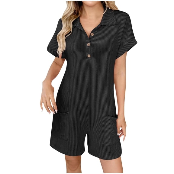 Caywon Women Solid Color Turn Down Collar Short Sleeve Button Front Pockets Detail Short Jumpsuit One Piece Romper Comfortable Lightweight Fabric Smart Casual Style Dark Gray L