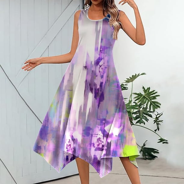 WILLBEST Vestidos de Lino para Mujer, Vestido Informal de Verano con Estampado Floral, sin Mangas, con Dobladillo de Pañuelo, Maxivestido sin Mangas con Bolsillos, Vestido de Playa Extra Grande