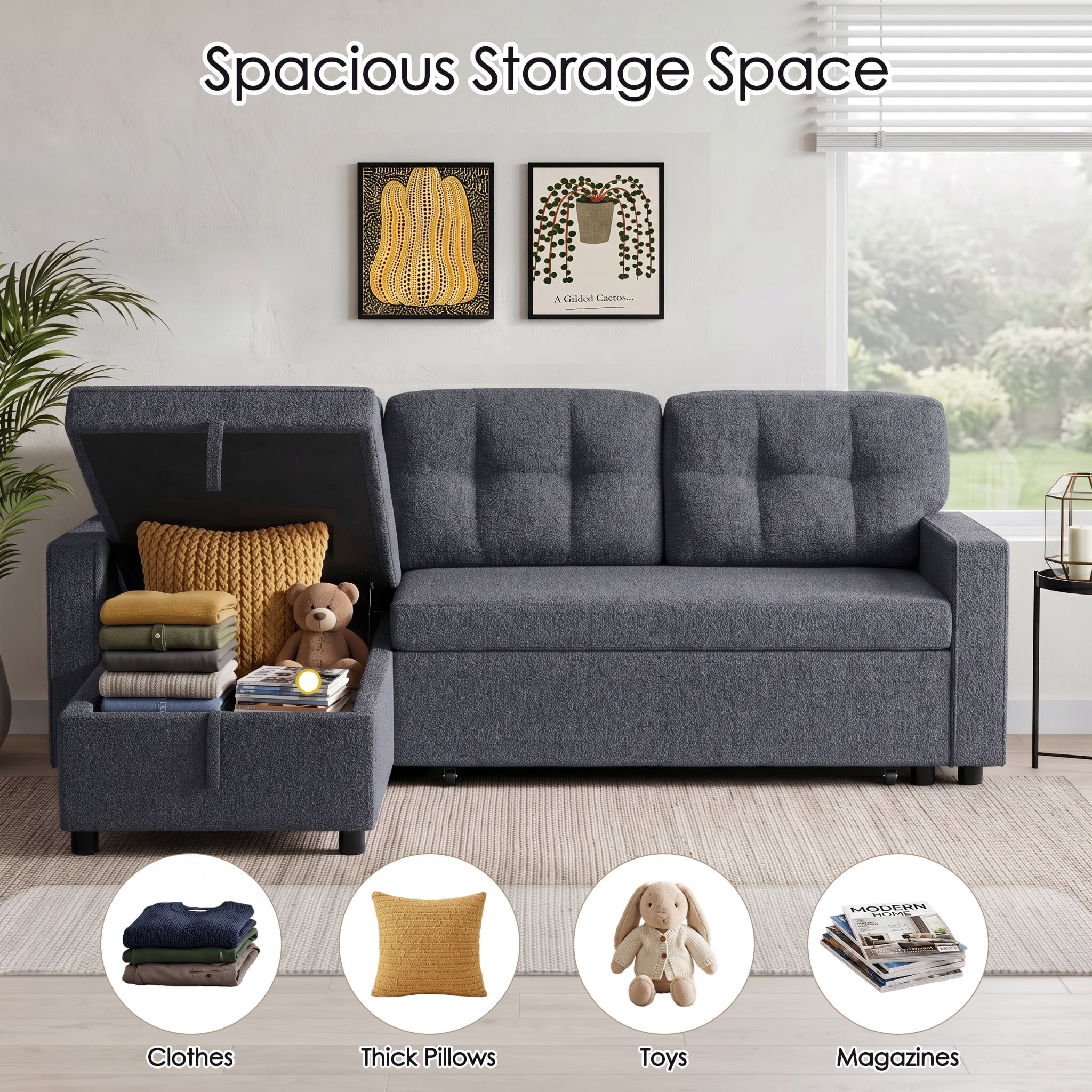 avobird 82" L Shaped Sleeper Sofa Bed, 3-Seat Convertible Sectional Couches with Storage Chaise, Terry Cloth Pull Out Couch for Living Rooms, Apartment, Dark Gray