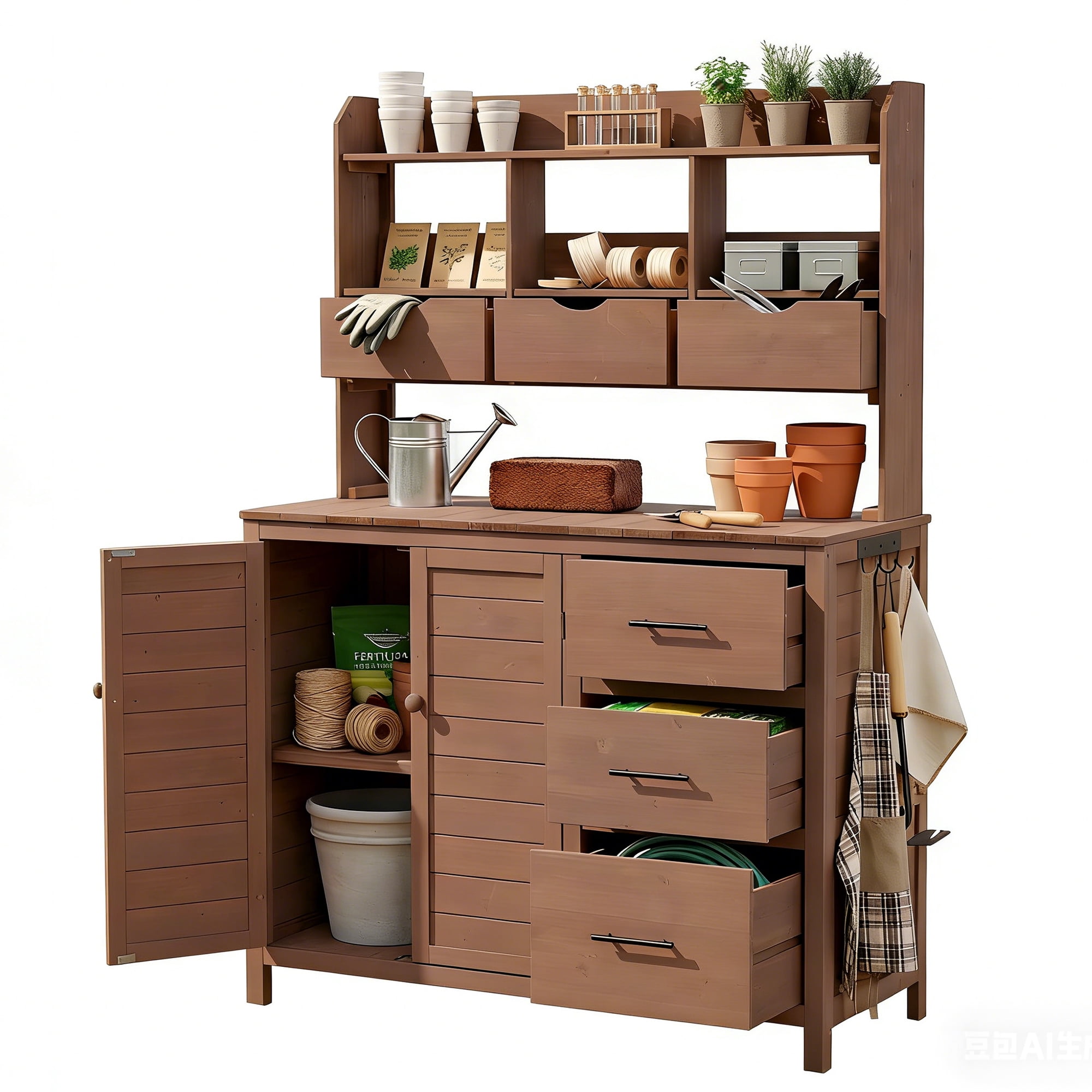 Freestanding Garden Workstation, 44.6x19.5 Inch Farmhouse Outdoor Potting Bench, Brown