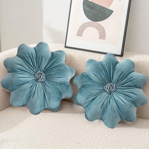 2Pcs Flower Pillow Cushion Round Aesthetics Decorative Throw Pillow 15.7" Velvet Flower Shaped Pillow for Bed Sofa Couch Vanity Chair (Blue)