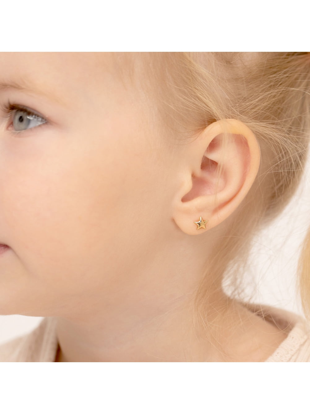 Puffed Star Toddler / Kids / Girls Earrings Safety Screw Back - 14k Gold