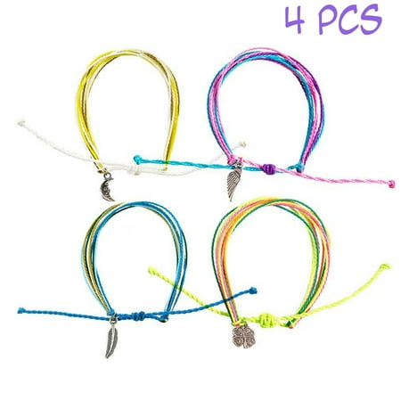 FROG SAC Friendship String Bracelets for Women Men Kids 4 PCs Pack - Handmade Braided Rope Bracelet Set with Silver Charms | Multilayer Waterproof Wax Cord - Adjustable Slip Knot - Great Party