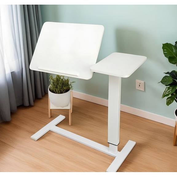 Overbed Bedside Table with Wheels - Height Adjustable Bedside Table with Tilt Top, White, Mobile Work & Meal Tray for Bed & Sofa, Enjoy lightly