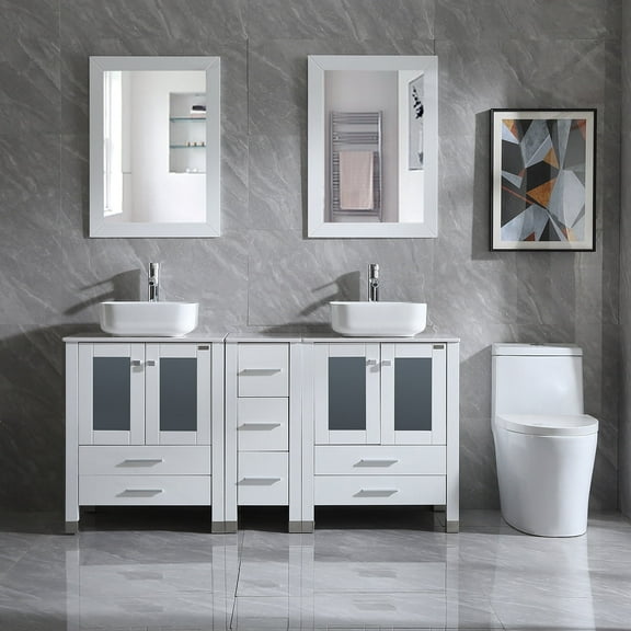 Wonline 60" Bathroom Vanity Wood Cabinet Double Ceramic Sink w/ Mirror White
