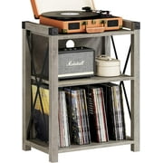 IDEALHOUSE Record Player Stand with Storage, Farmhouse Wooden Turntable Stand with X Metal Frame, 3-Tier Rustic Record Player Side Table for Living Room, Bedroom, Office - Grey
