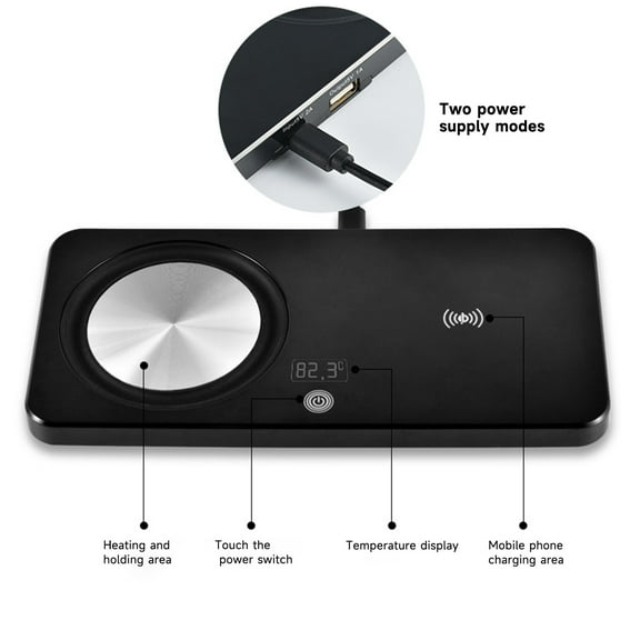 Pebbuoy Smart Electric Coffee Cup Warmer with Wireless Charging Waterproof Fast Heating Thermostatic Coaster Beverage Warmer Cup Heating Mat