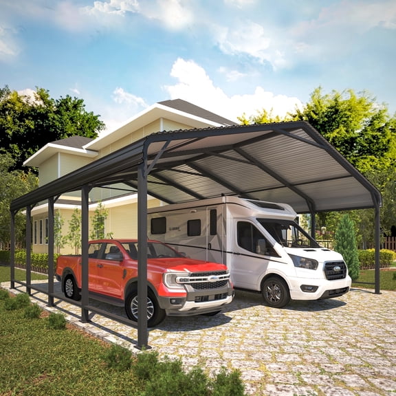Heynemo 20x20 FT RV Carport with Updated Roof & Enhanced Base, Heavy Duty Metal Carport Garage for Car, Truck, Boat, Tractors, Party, Grey