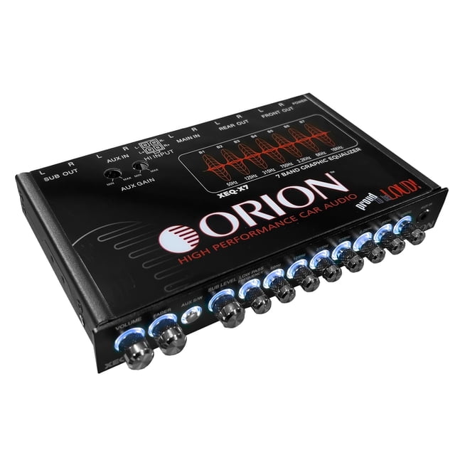 Orion XEQ-X7 7-Band Graphic Equalizer with Front 3.5mm AUX Input â Half-DIN Car Audio EQ with Subwoofer Control, High/Low-Level Inputs, Rear RCA, and Variable Low Pass Filter