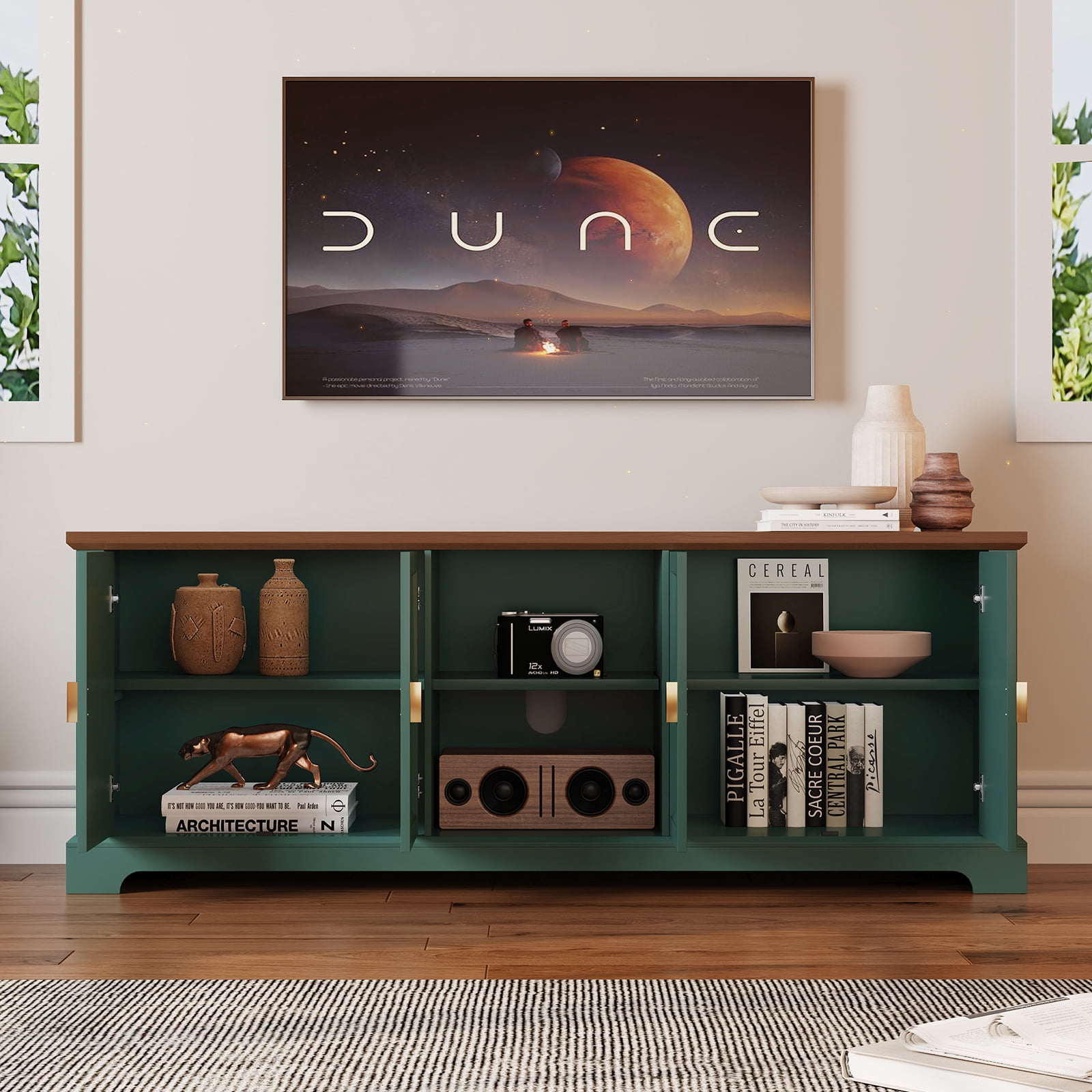 HLR Green 67" Modern Farmhouse TV Stand, Wood Entertainment Center for 75 In TV for Living Room
