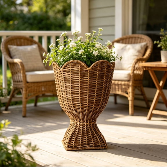 Handwoven Rattan Urn Vase, Scalloped Pedestal Decorative Basket, Boho Flower Pot Holder, Dried Floral Display Accent for Living Room, Patio, Garden, Wedding Indoor Outdoor Home Decor