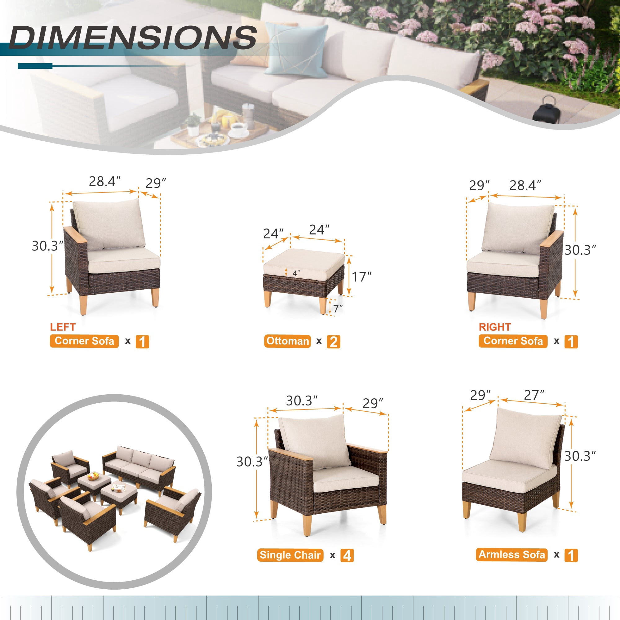 Sophia & William 9 Pieces Wicker Outdoor Conversation Set Patio Furniture Sectionals with Beige Cushions