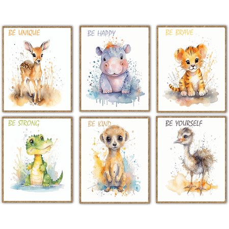 Baby Safari Animals Wall Art Canvas - Nursery Decor - Set of 6-8x10 - Jungle Nursery Room Pictures for Baby Kids - Ready to Hang - Watercolor