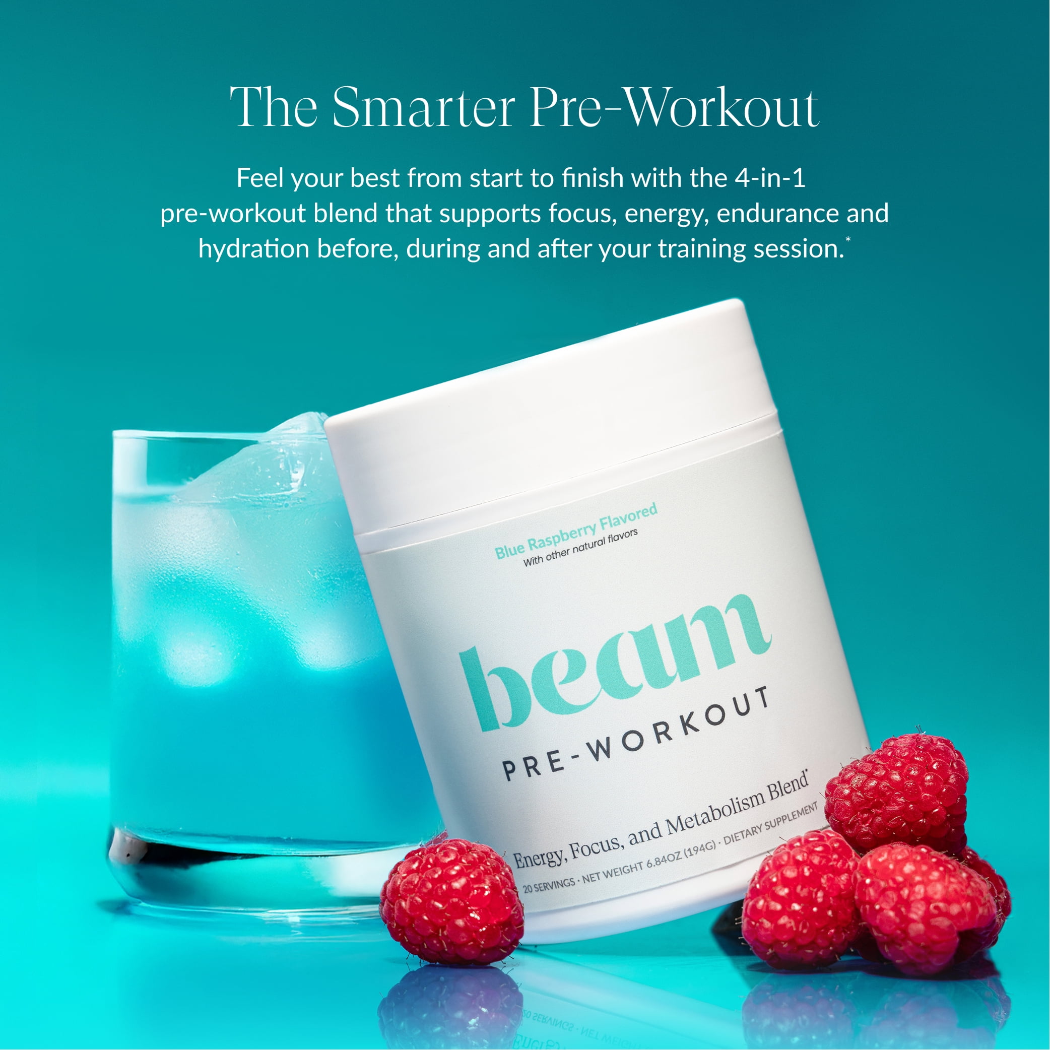 Beam Preworkout Powder I Daily Pre Workout for Men & Women I Keto Friendly Endurance Supplement with Electrolytes & L-Theanine I Natural Caffeine I Blue Raspberry I 20 Servings