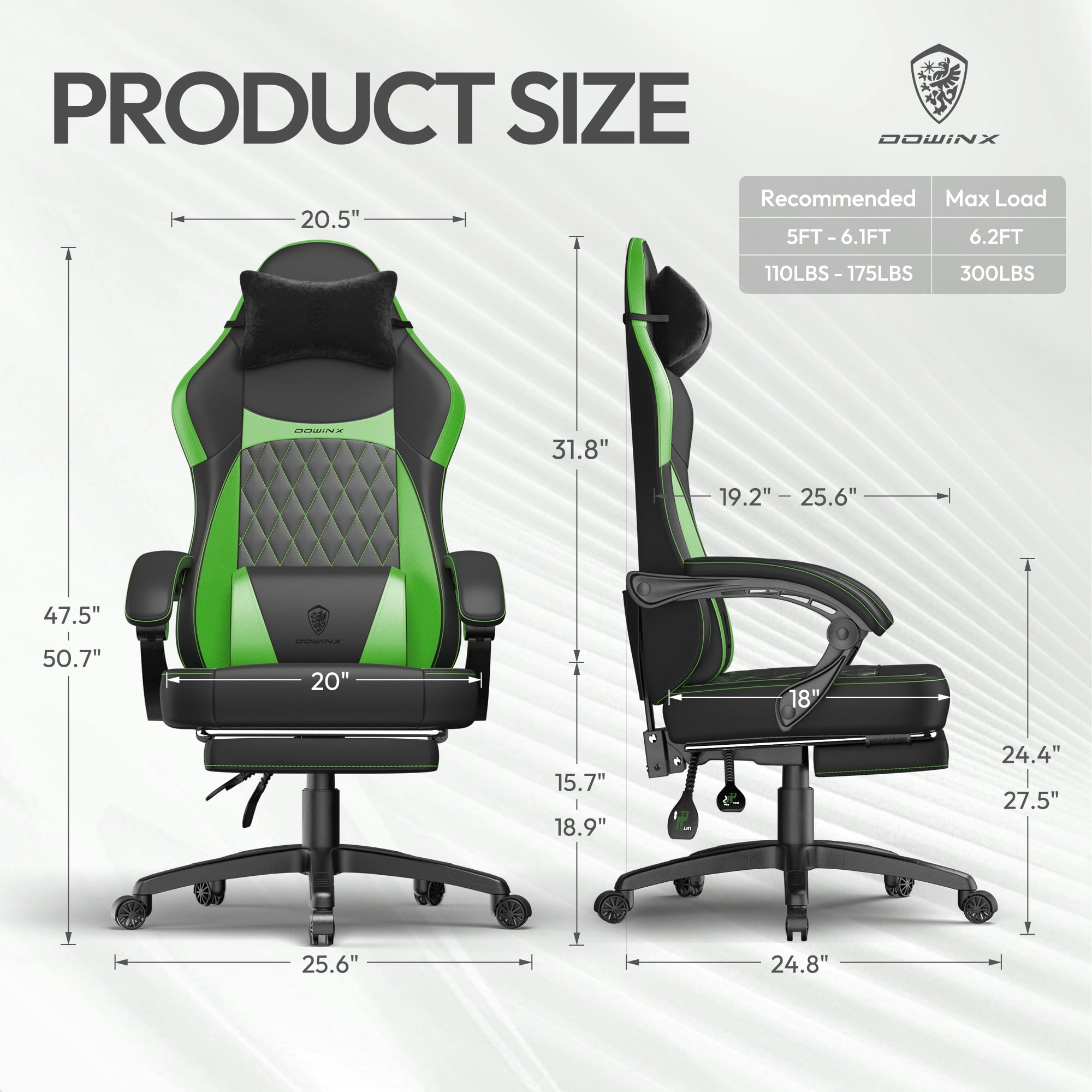 KARXAS Adult Gaming Chair Faux Leather PC Gaming Chair with Footrest and Lumbar Support, Black and Green