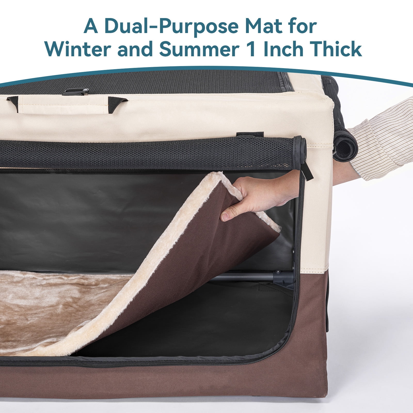 PETSFIT Collapsible Dog Crate, Portable Dog Crate - 30 Inch Easy Set-up, Light, Sturdy, Comfy Inside with Thicken Mat, Soft Sided Crate for Home and Travel Brown